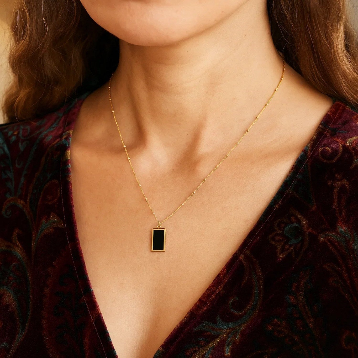 Onyx Geometric Rectangle Necklace in 14K Yellow Gold