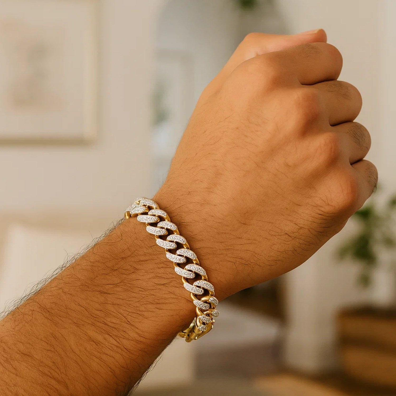 14k Two Tone Gold 8 1/4 inch Curb Chain Bracelet with White Pave (9.50 mm)