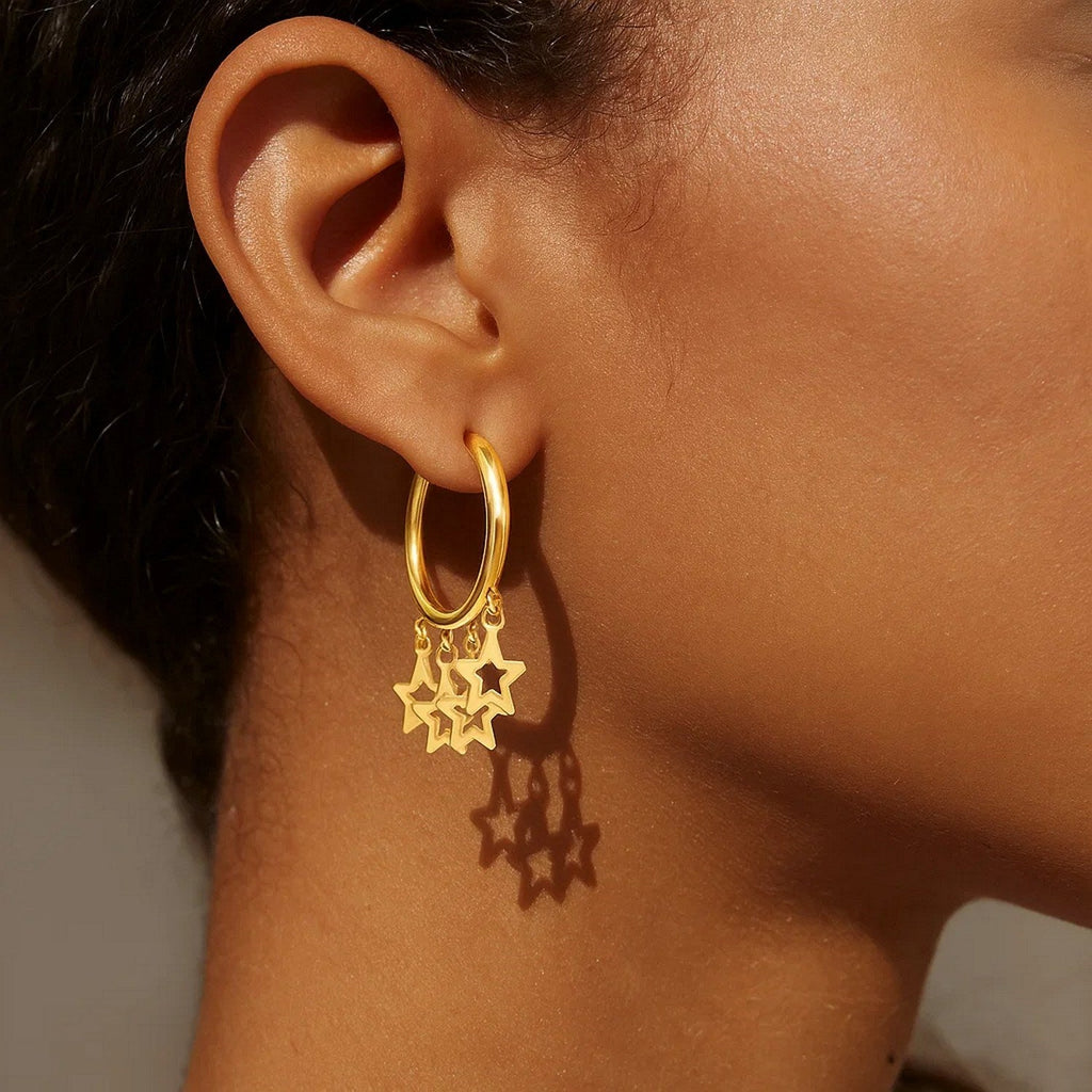 14K Yellow Gold Endless Star Charm Huggie Hoop Earrings