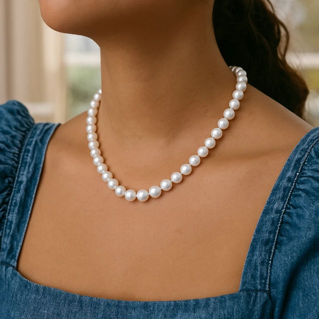 Pearl Necklace with Ball Clasp in 14K Yellow Gold