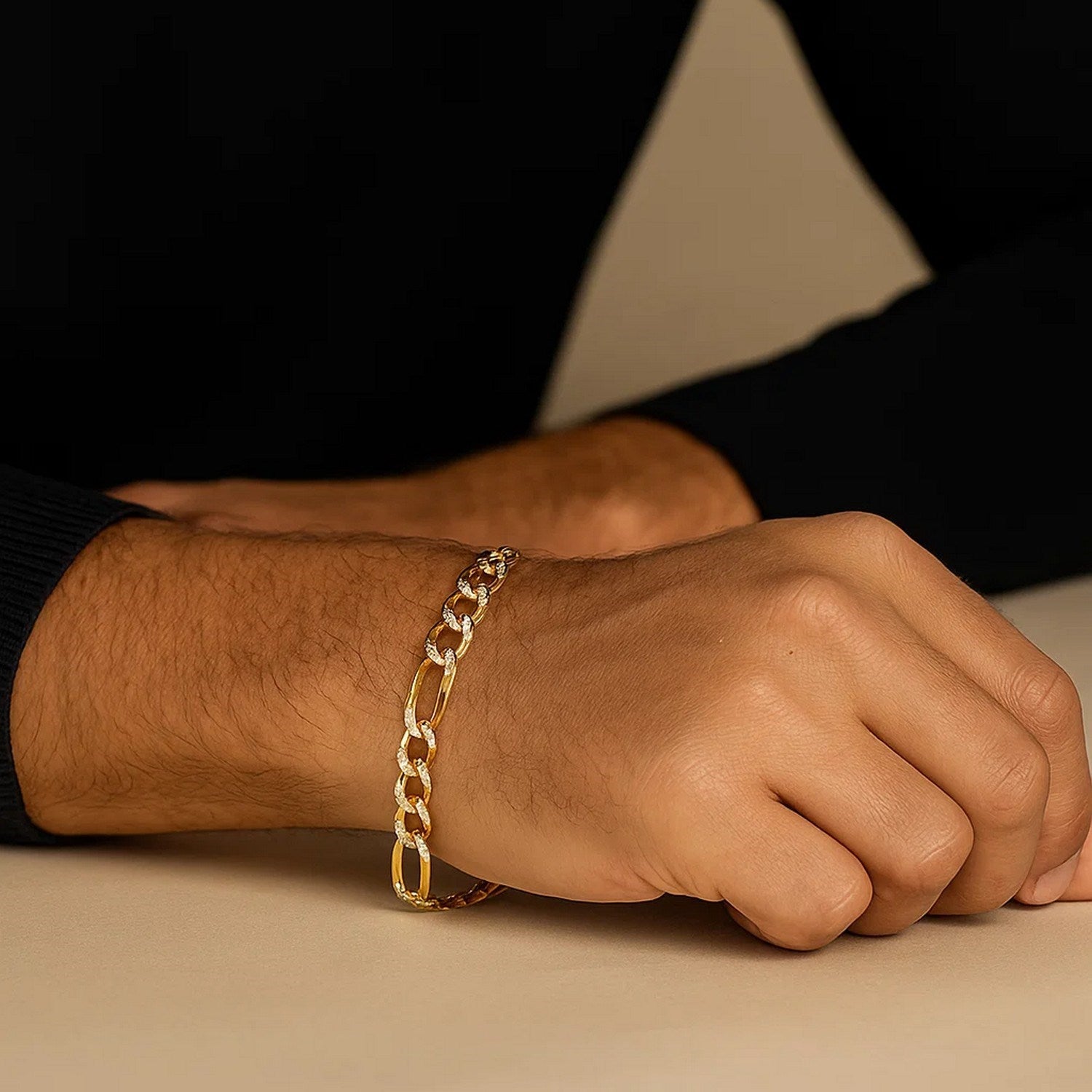 14K Yellow Two Tone Solid Pave Figaro Bracelet (7.00 mm)