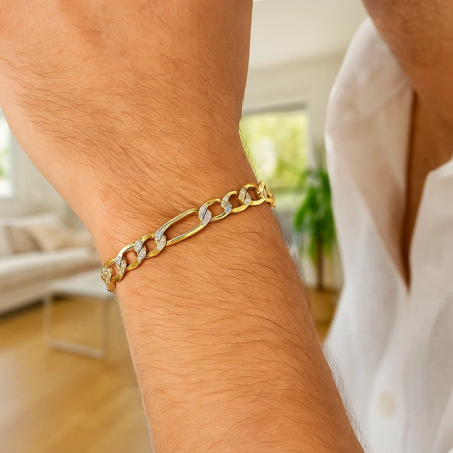 14K Yellow Two Tone Solid Pave Figaro Bracelet (7.00 mm)