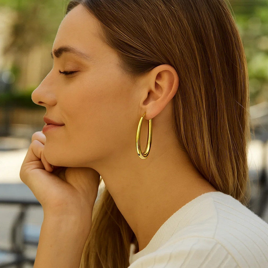 14k Yellow Gold Elongated Oval Hoops