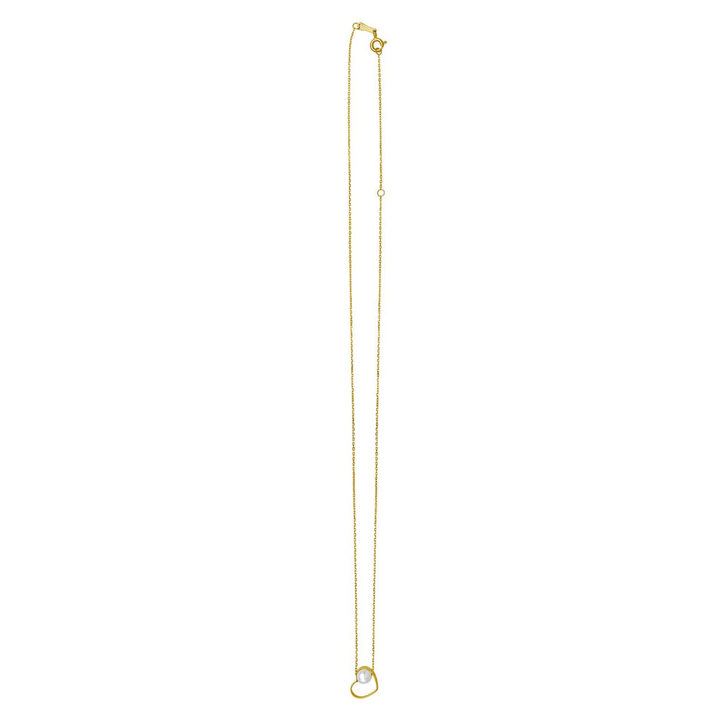 Open Heart and Pearl Necklace in 14K Yellow Gold