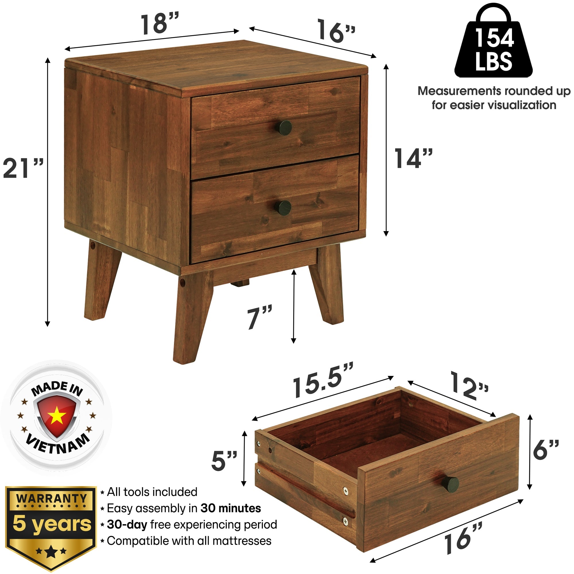 Acacia Silvia 2-Drawer Solid Wood Nightstand for Modern Bedrooms
