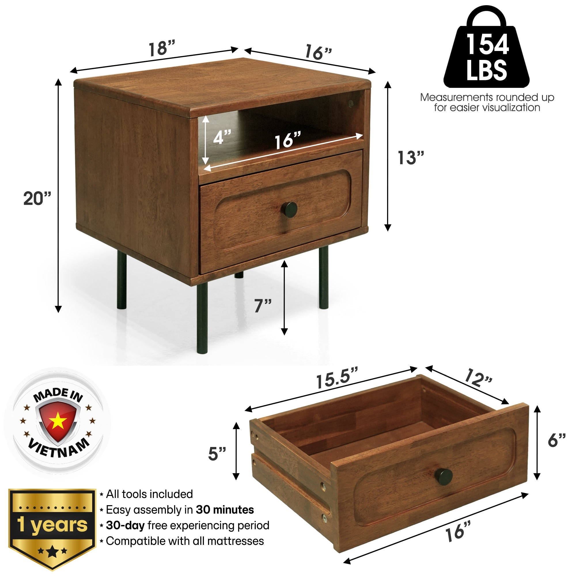 Acacia Savana Mid-Century Modern Single Drawer Solid Wood Nightstand
