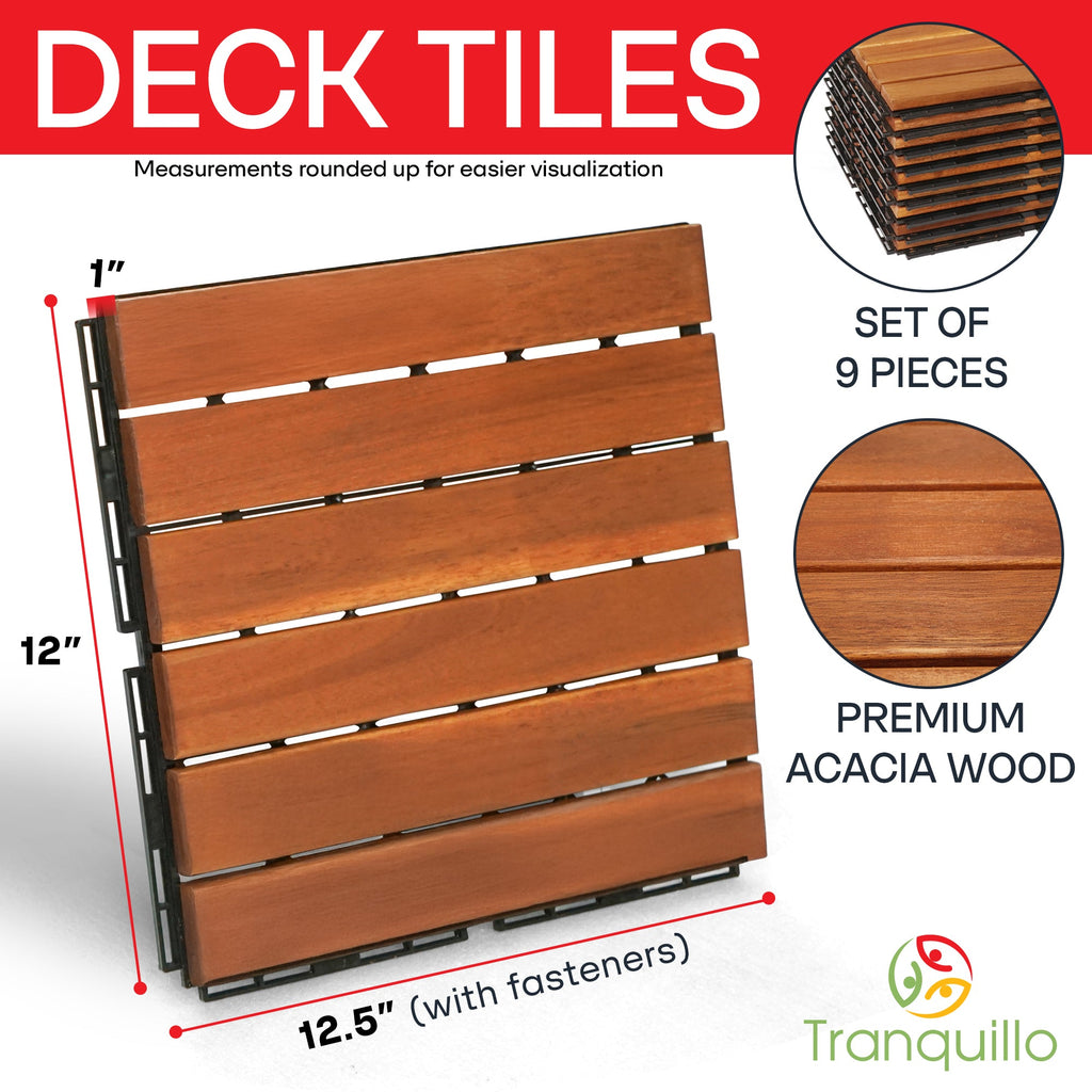 Tranquillo Acacia Deck Tiles 6 Slat Interlocking Decking Tiles set 9 – Indoor & Outdoor Flooring