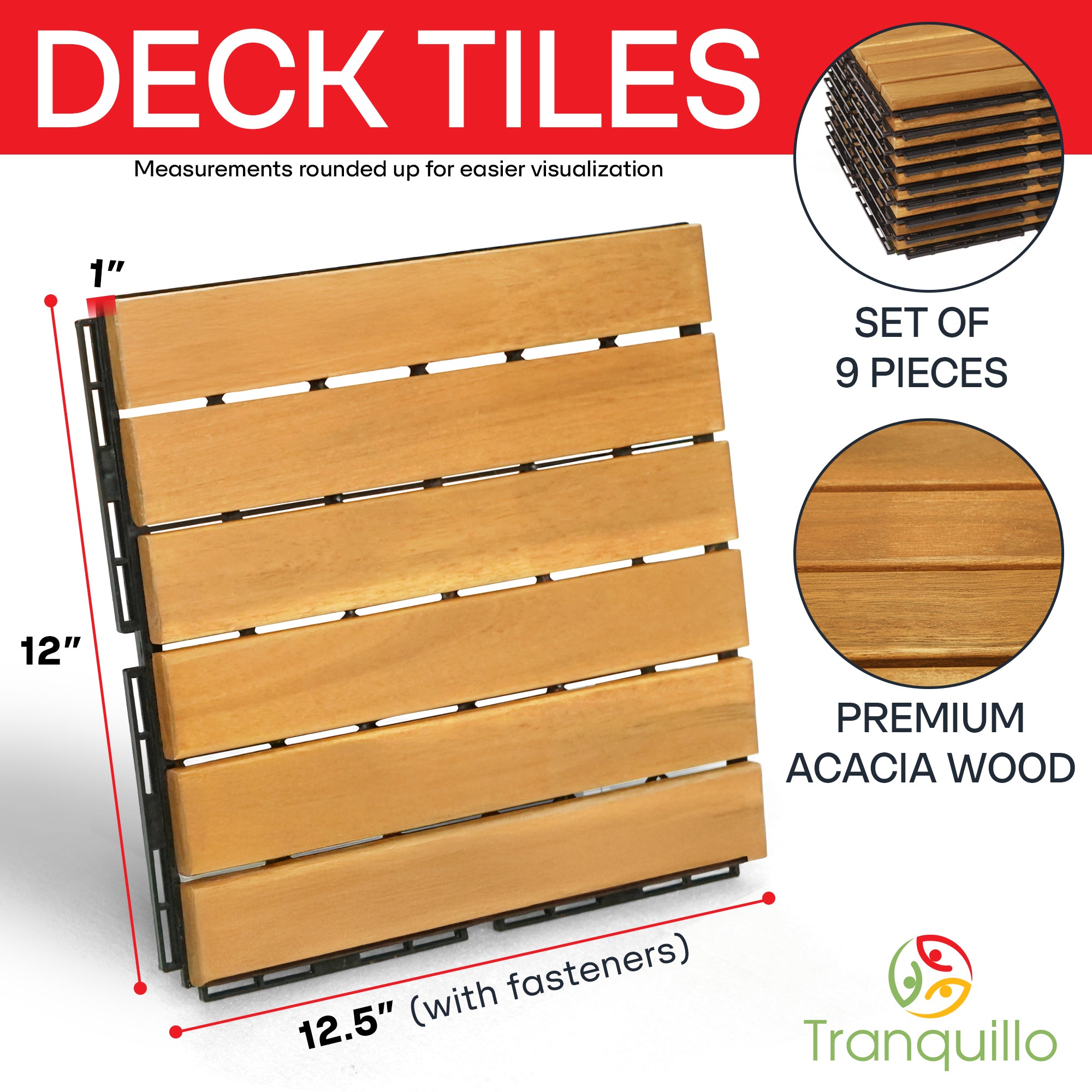 Tranquillo Acacia Deck Tiles 6 Slat Interlocking Decking Tiles set 9 – Indoor & Outdoor Flooring