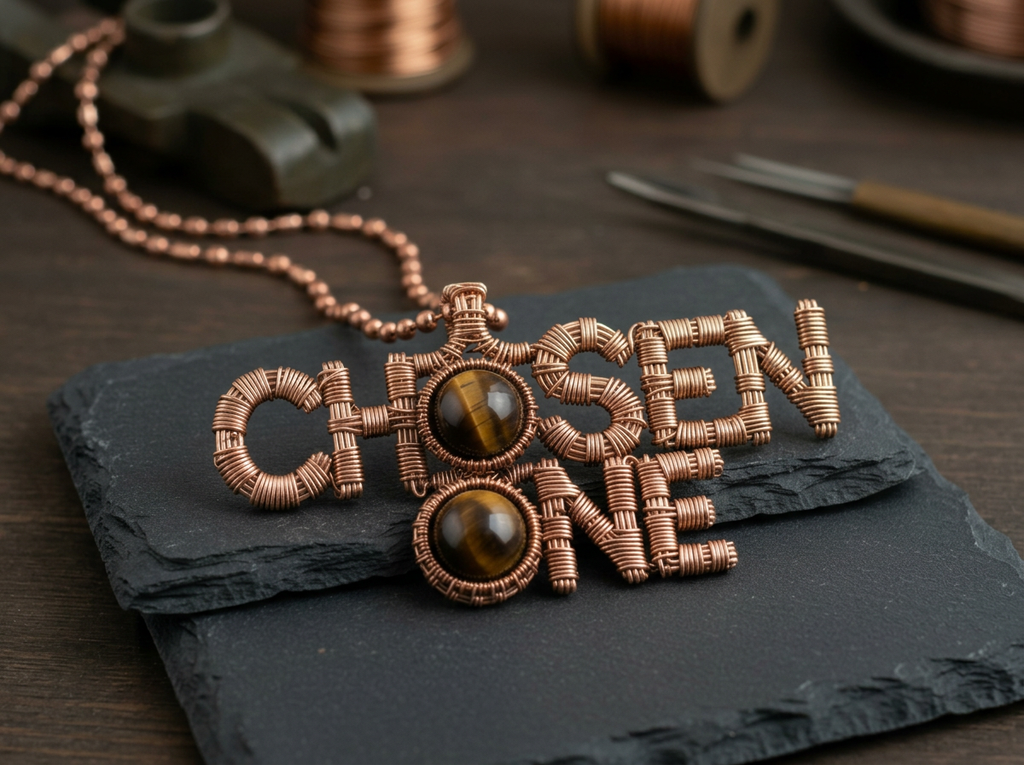 Custom copper wire wrapped chosen one statement necklace with tigers eye crystals￼