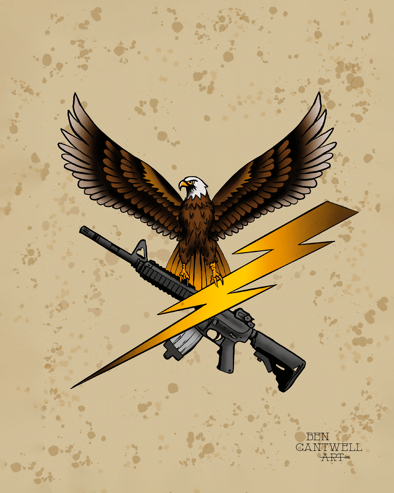 Eagle, Lightning Bolt And Rifle