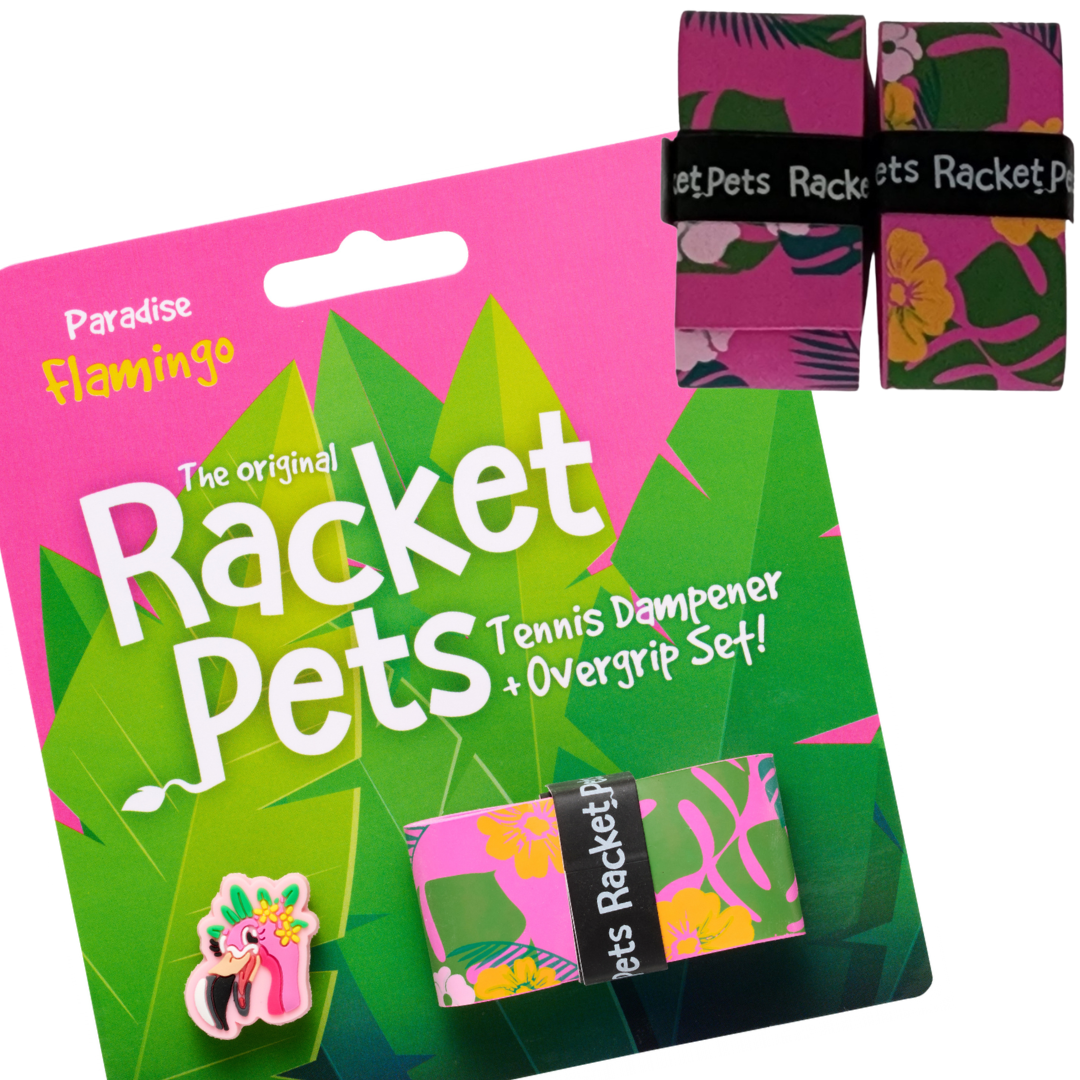 VALUE PACK - A Pink Flamingo Racket Pet Tennis Dampener and Pink Overgrip Tape with a (Pack of 2) Replacement Overgrip Tape