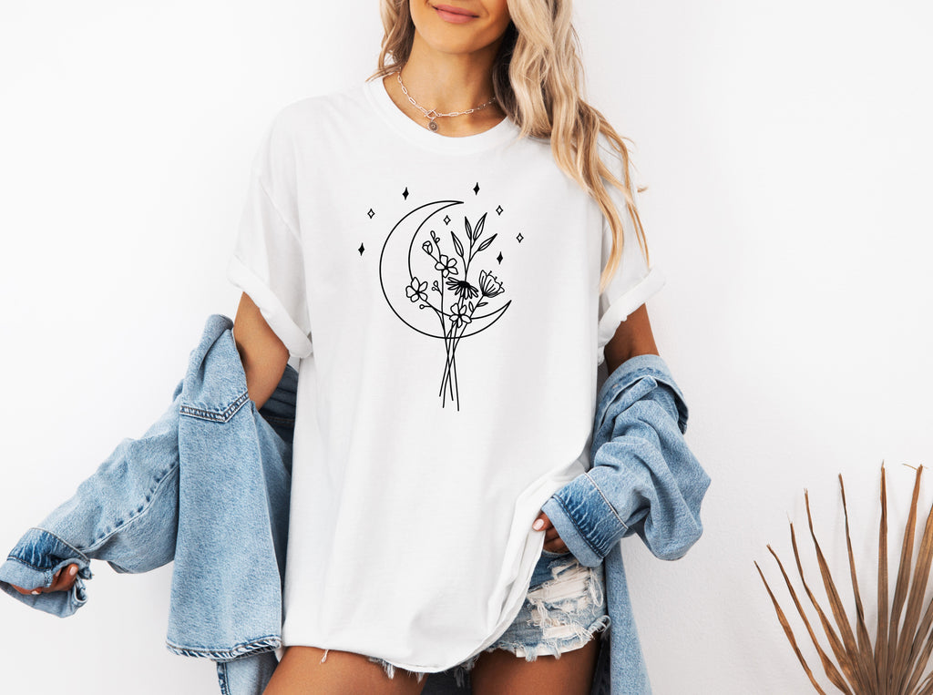 Flower and Moon Nature botanical Garment Dyed T Shirt
