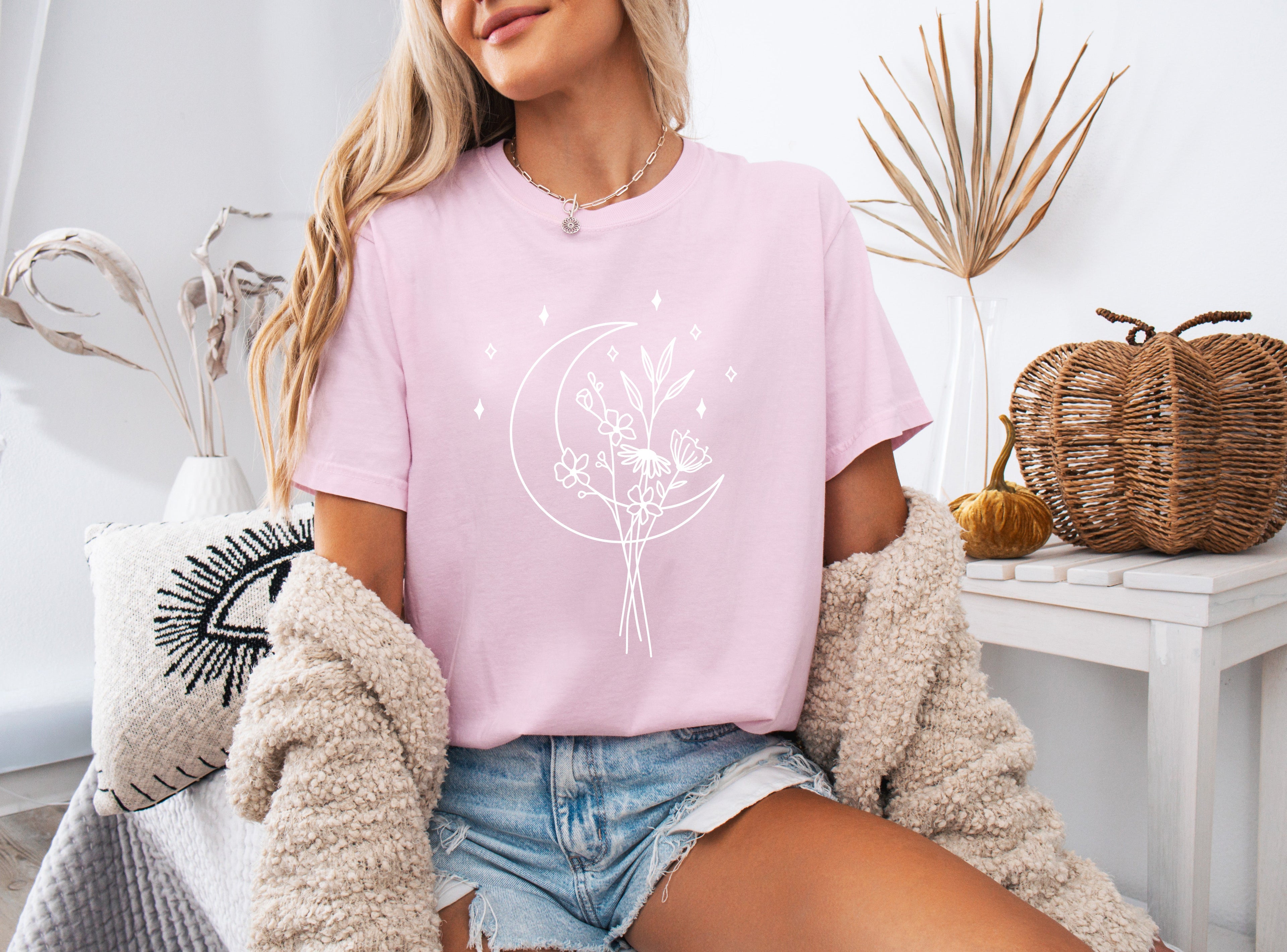 Flower and Moon Nature botanical Garment Dyed T Shirt