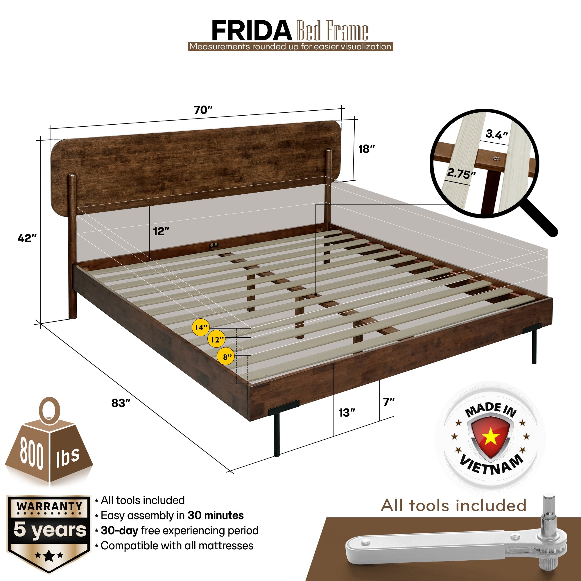 Frida Deluxe Solid Wood Bed Frame - Premium Quality Craftsmanship and Timeless Elegance