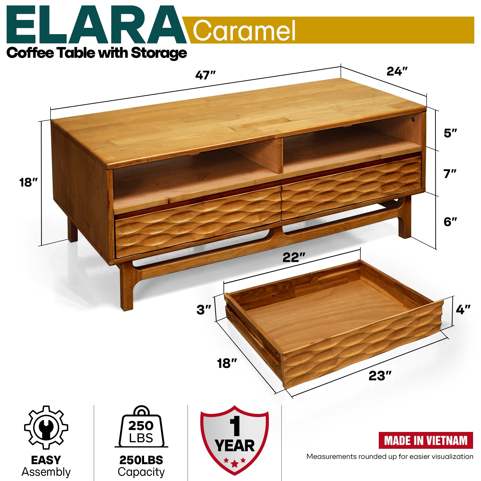 Acacia Elara 47.2” Rectangular Coffee Table with Drawers & Open Storage