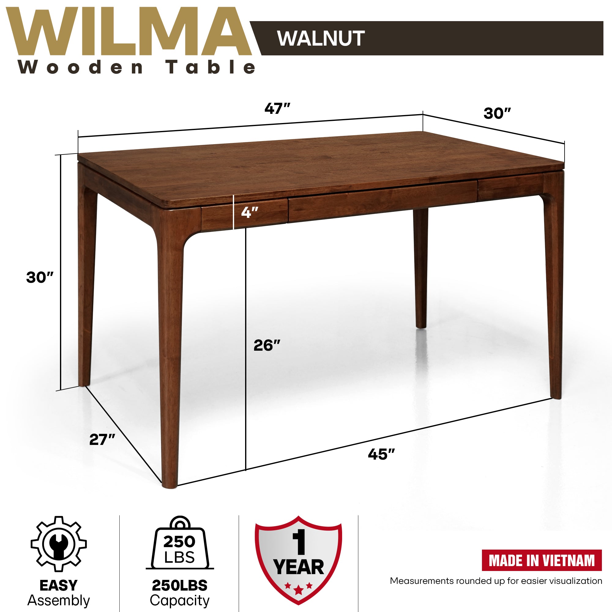 ACACIA Wilma 48” Rubber Wood Rectangular Writing Desk