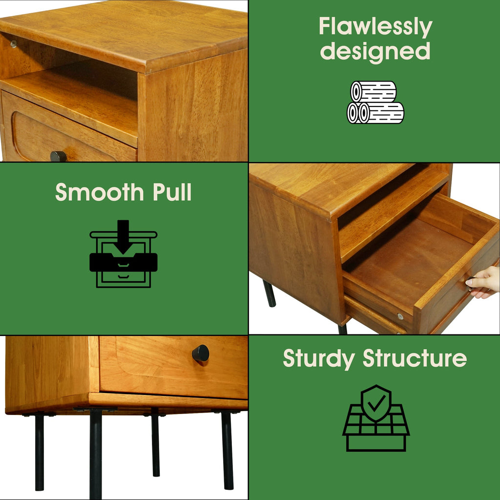 Acacia Savana Mid-Century Modern Single Drawer Solid Wood Nightstand