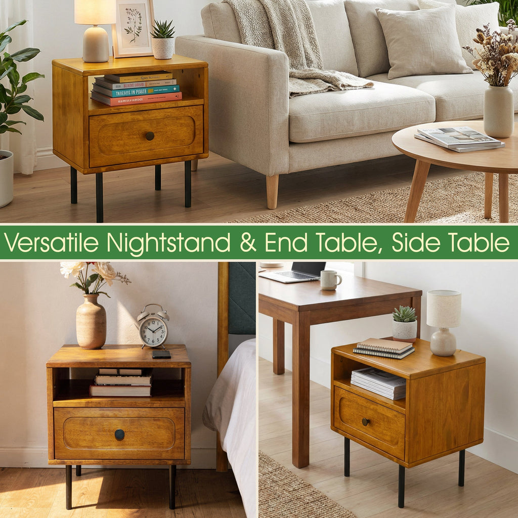Acacia Savana Mid-Century Modern Single Drawer Solid Wood Nightstand
