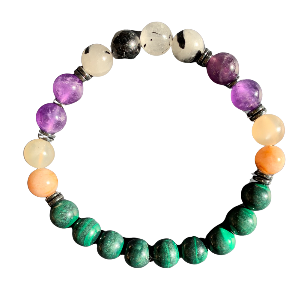 Travel Protection Bracelet 8 mm Malachite, Moonstone, Amethyst, Tourmalated Quartz Round Beads