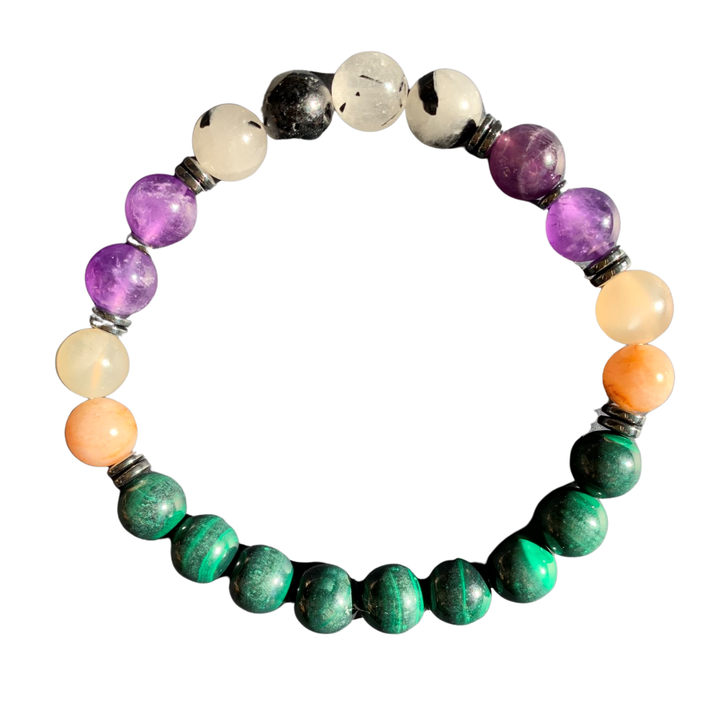 Travel Protection Bracelet 8 mm Malachite, Moonstone, Amethyst, Tourmalated Quartz Round Beads