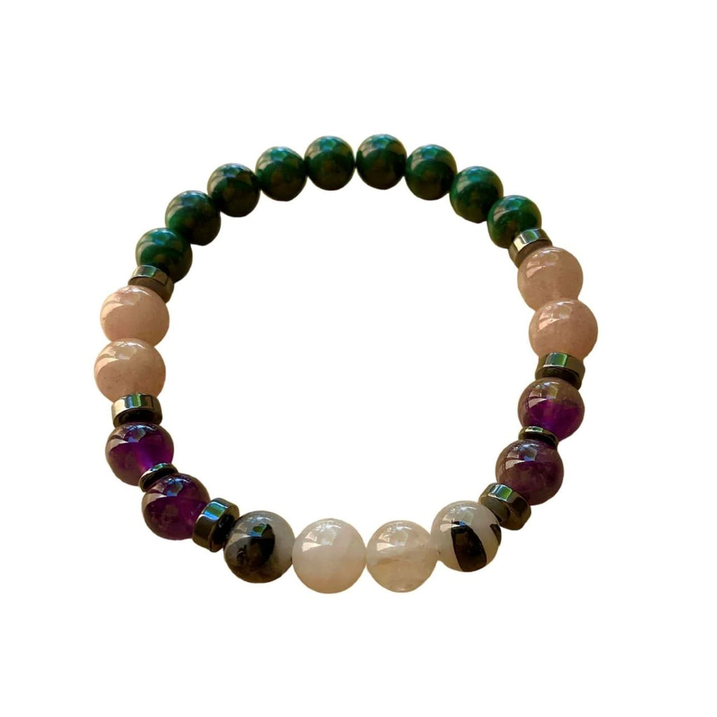 Travel Protection Bracelet 8 mm Malachite, Moonstone, Amethyst, Tourmalated Quartz Round Beads