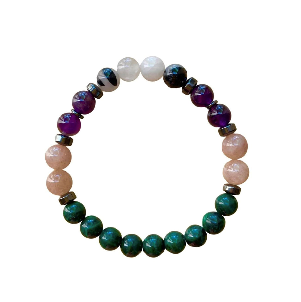 Travel Protection Bracelet 8 mm Malachite, Moonstone, Amethyst, Tourmalated Quartz Round Beads