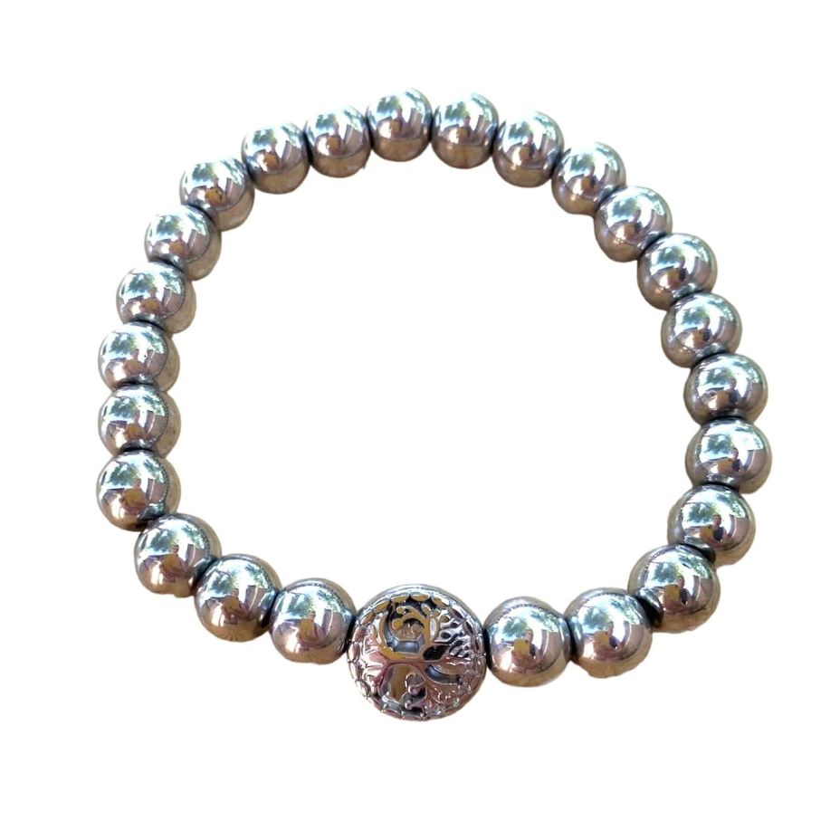 Hematite Bracelet 8 mm Bright Silver Round Beads