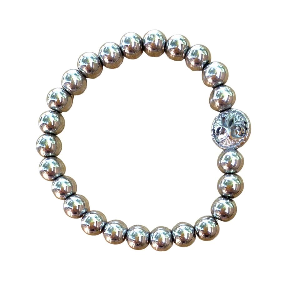 Hematite Bracelet 8 mm Bright Silver Round Beads