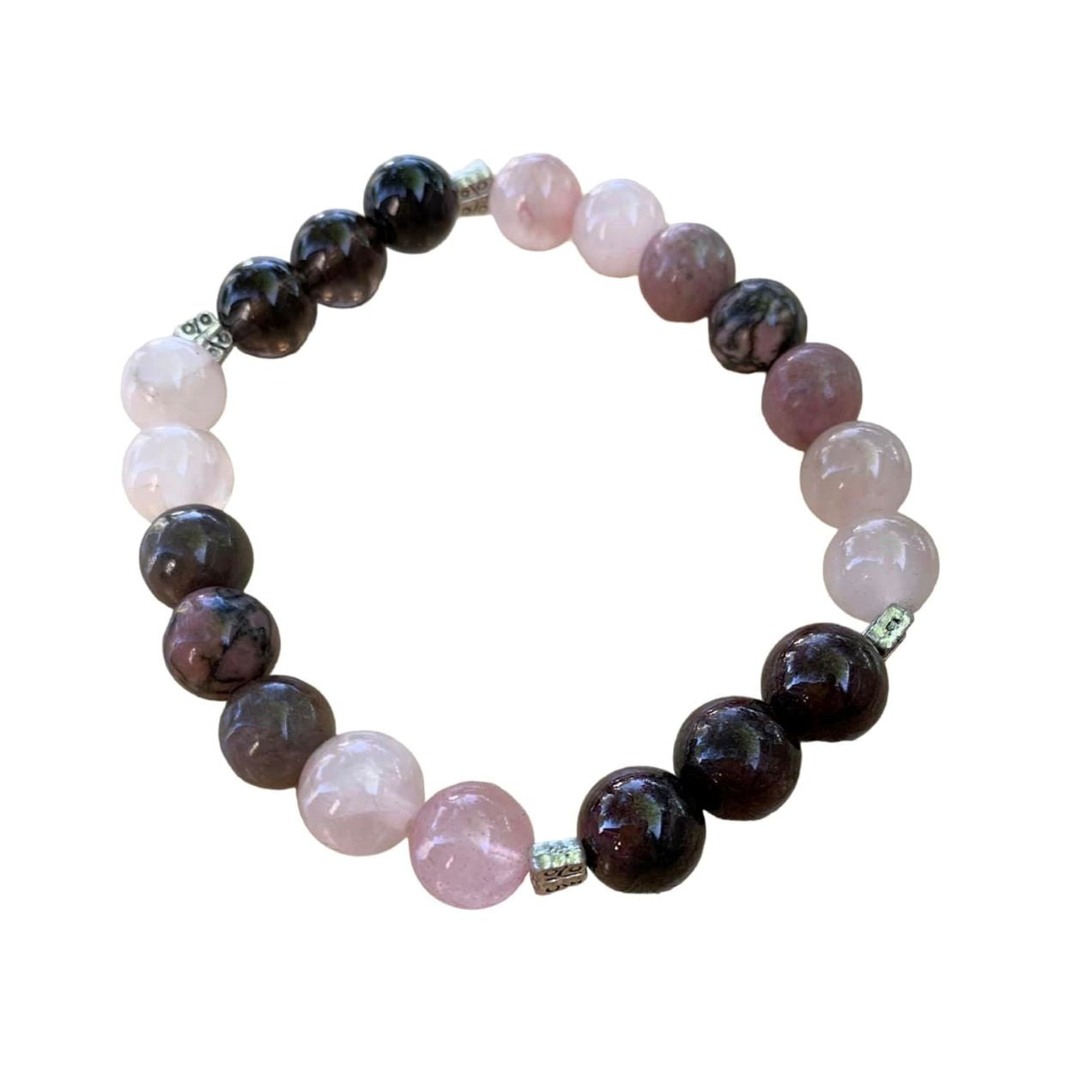 Romantic Ignition Bracelet 8 mm Rose Quartz, Rhodonite, Garnet, Smoky Quartz Round Beads