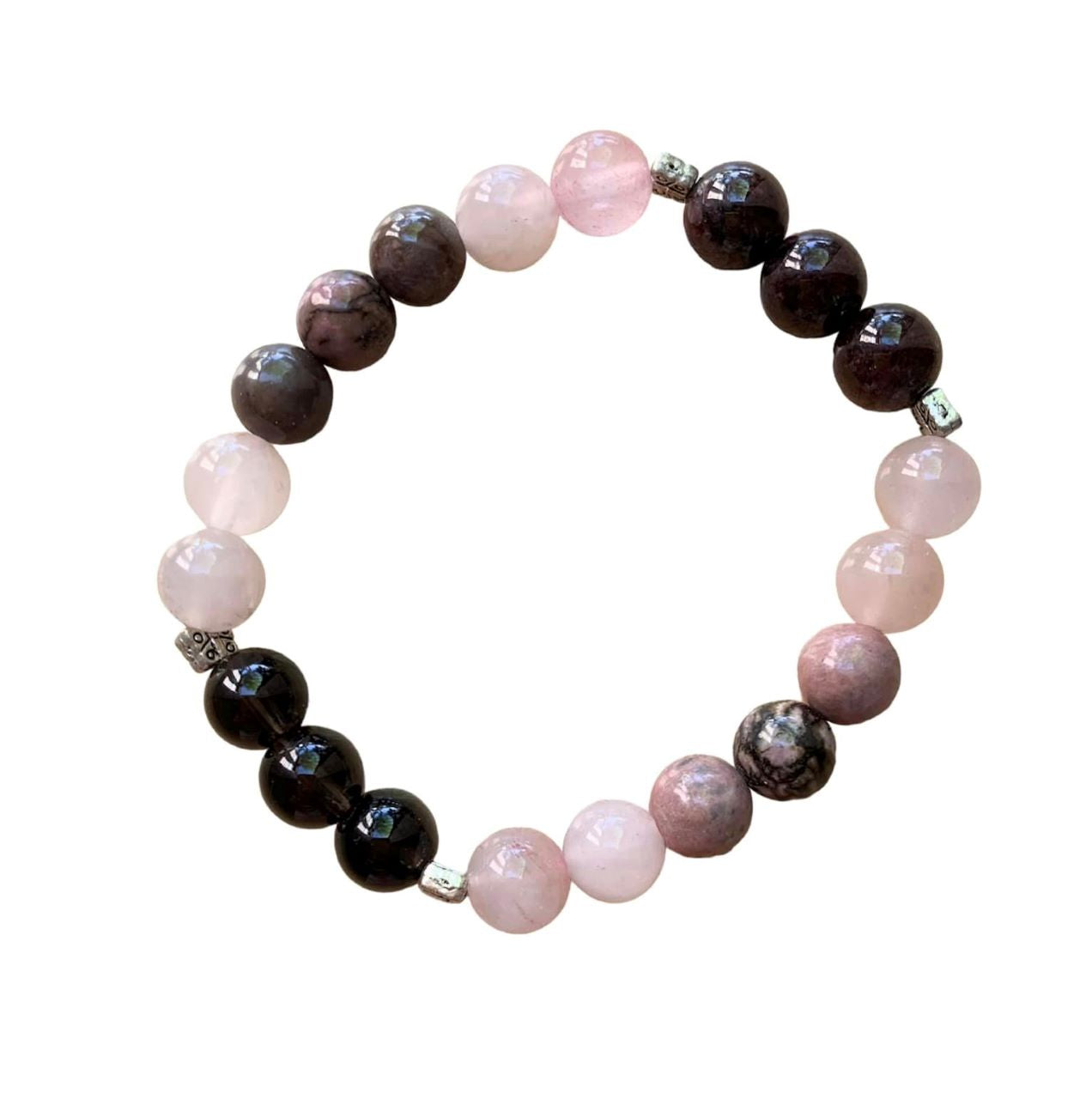 Romantic Ignition Bracelet 8 mm Rose Quartz, Rhodonite, Garnet, Smoky Quartz Round Beads