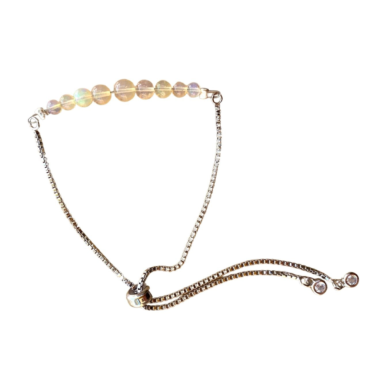 White Opal Round Graduated Bar Bracelet with Adjustable Chain (October)