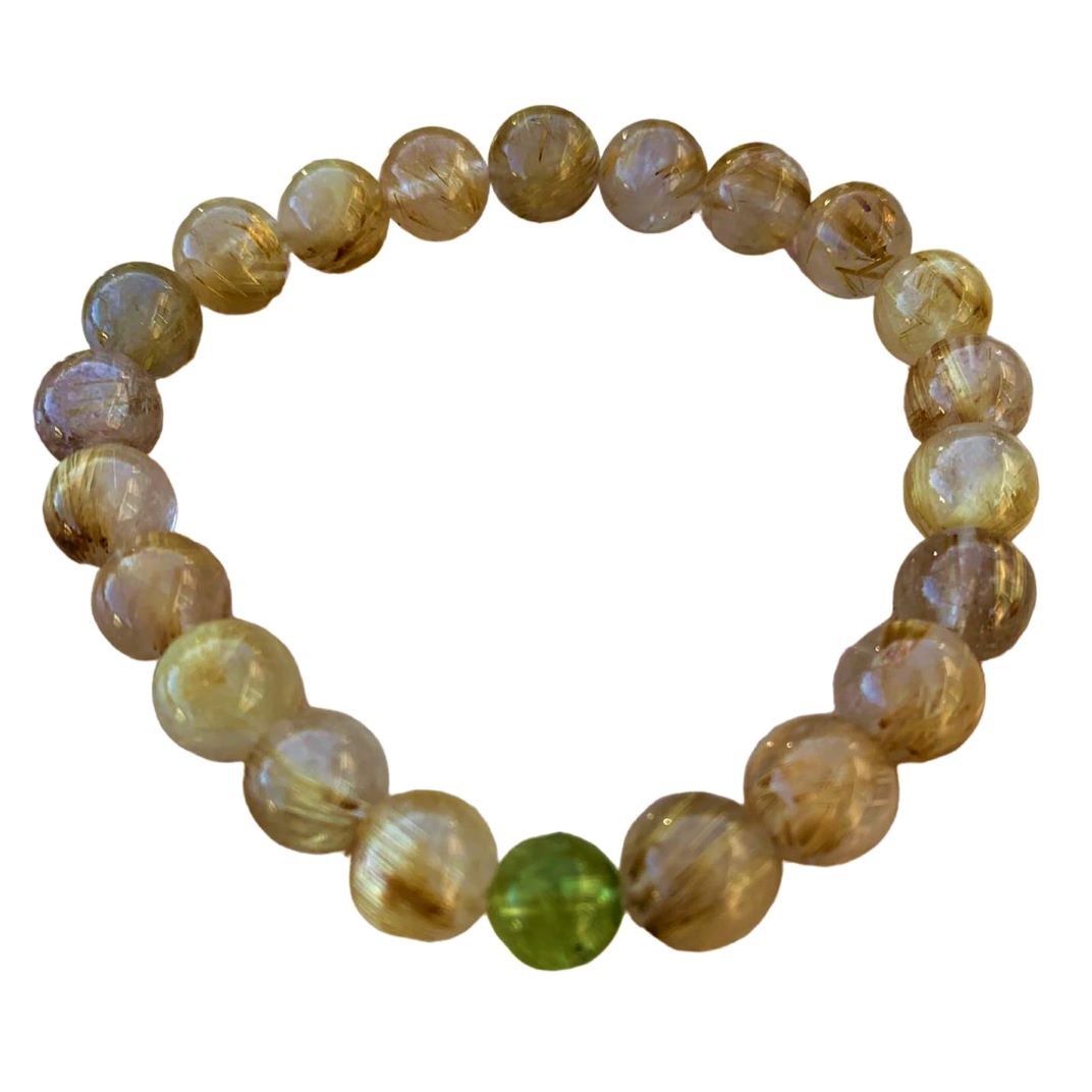 Rutilated Quartz Bracelet with Peridot Accent 8 mm Round Beads
