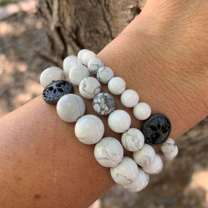 White Howlite Bracelet Round Beads 3 Sizes