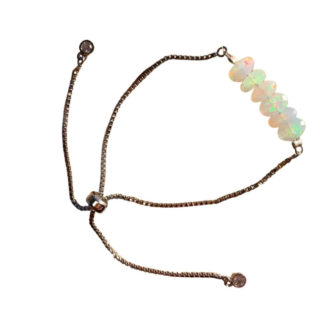 White Opal Rondelle Bar Bracelet with Adjustable Chain (October)