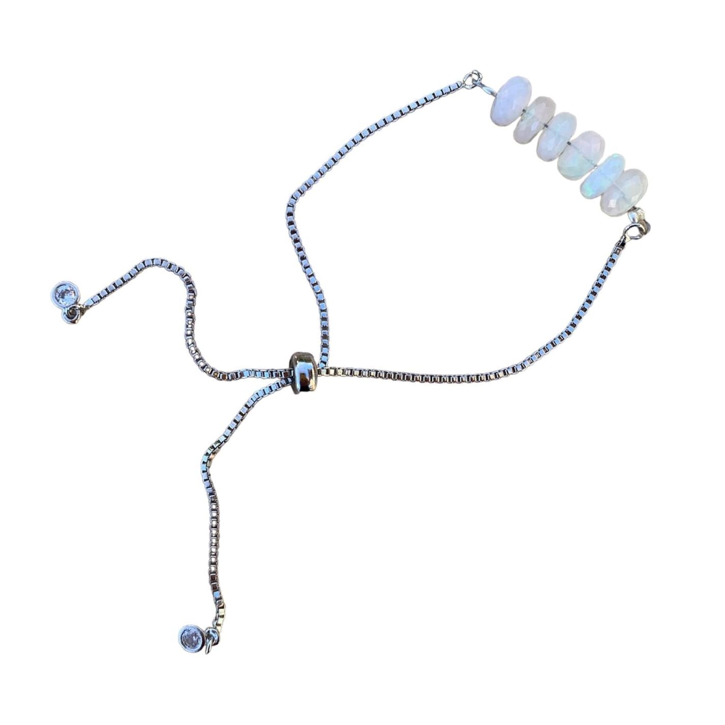 White Opal Rondelle Bar Bracelet with Adjustable Chain (October)