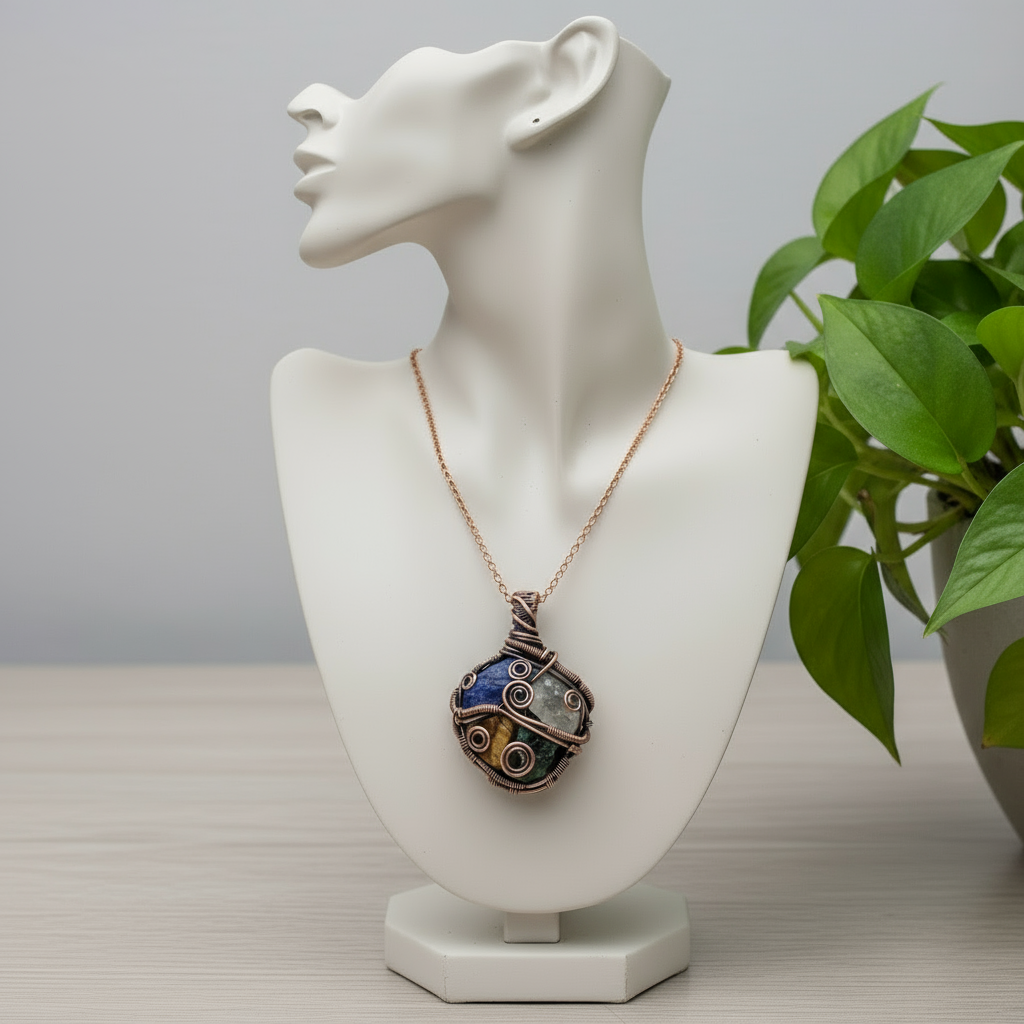 Custom copper wire wrapped multi stone medicine necklace, AIDS and assist in focus and songwriting success