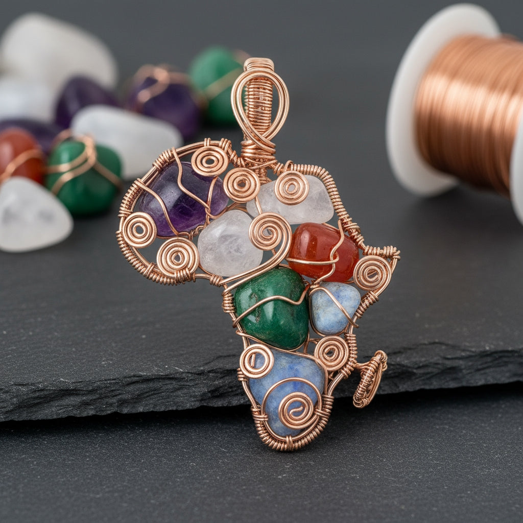 Custom copper wire wrapped medicine, Africa, necklace, promotes focus, self-love, prosperity, and letting go of the past