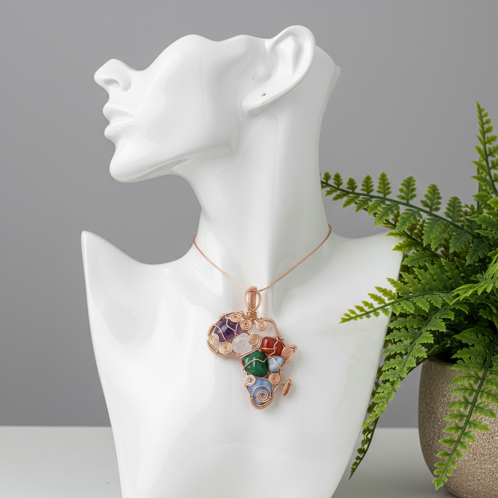 Custom copper wire wrapped medicine, Africa, necklace, promotes focus, self-love, prosperity, and letting go of the past