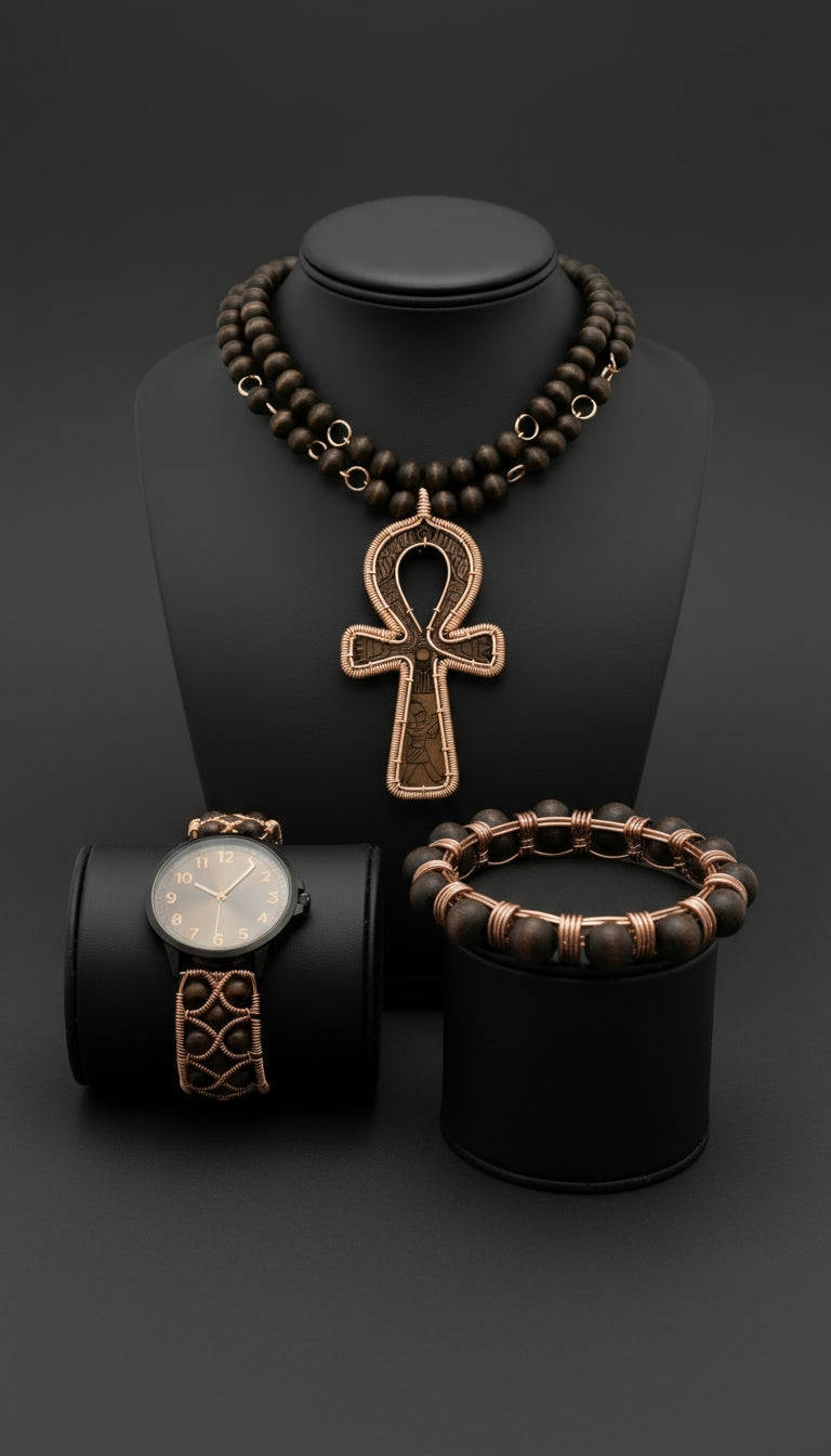 iamevibez Copper Wire Wrapped Rare Ghanaian Wood Ankh Set