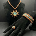 Custom wire wrapped labradorite and copper necklace bracelet, and ring set