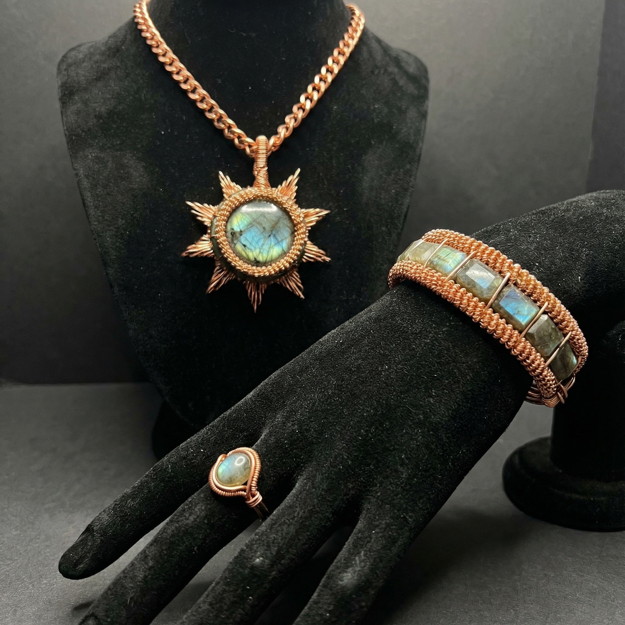 Custom wire wrapped labradorite and copper necklace bracelet, and ring set