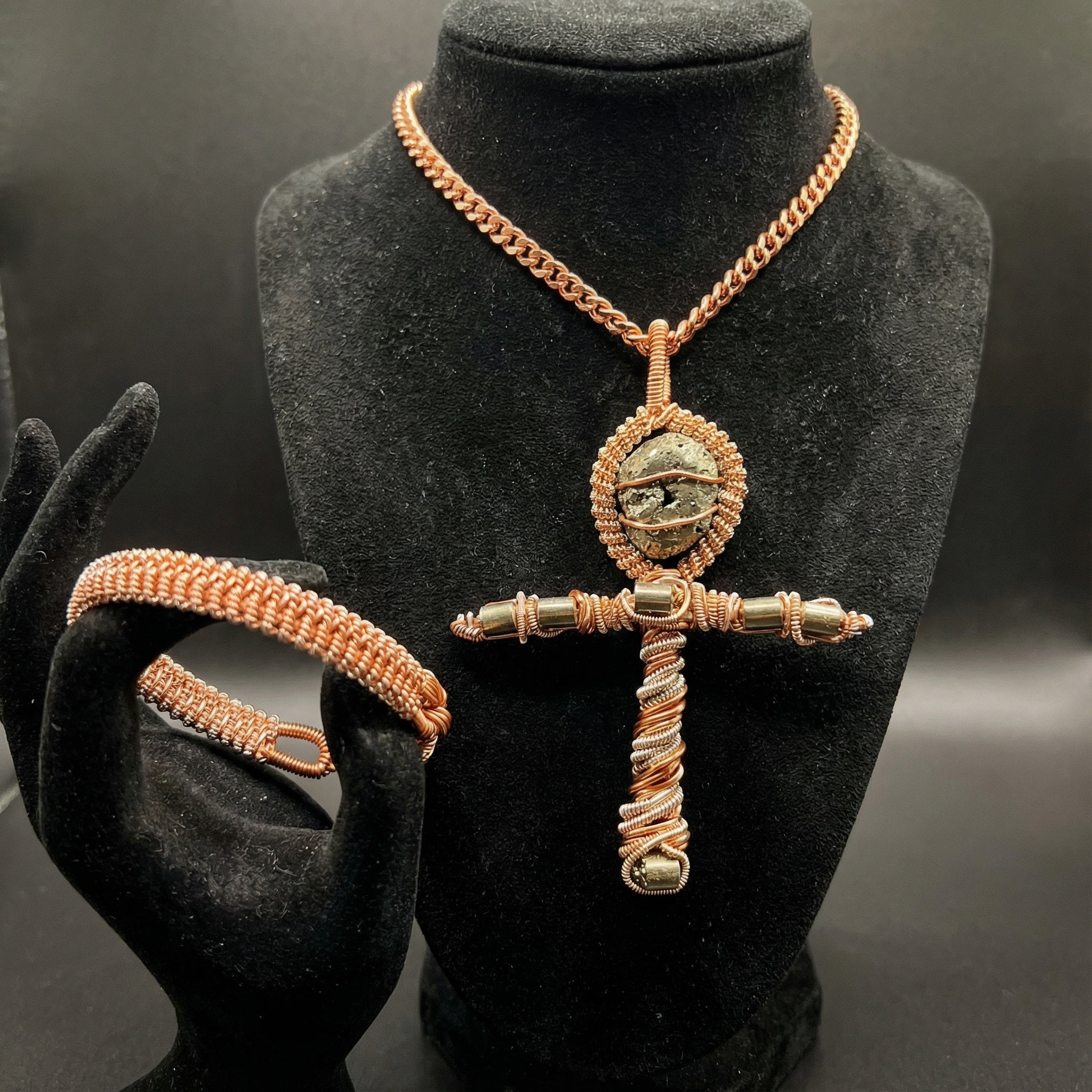 Custom wire wrapped copper and Pyrite Ankh necklace and bracelet set