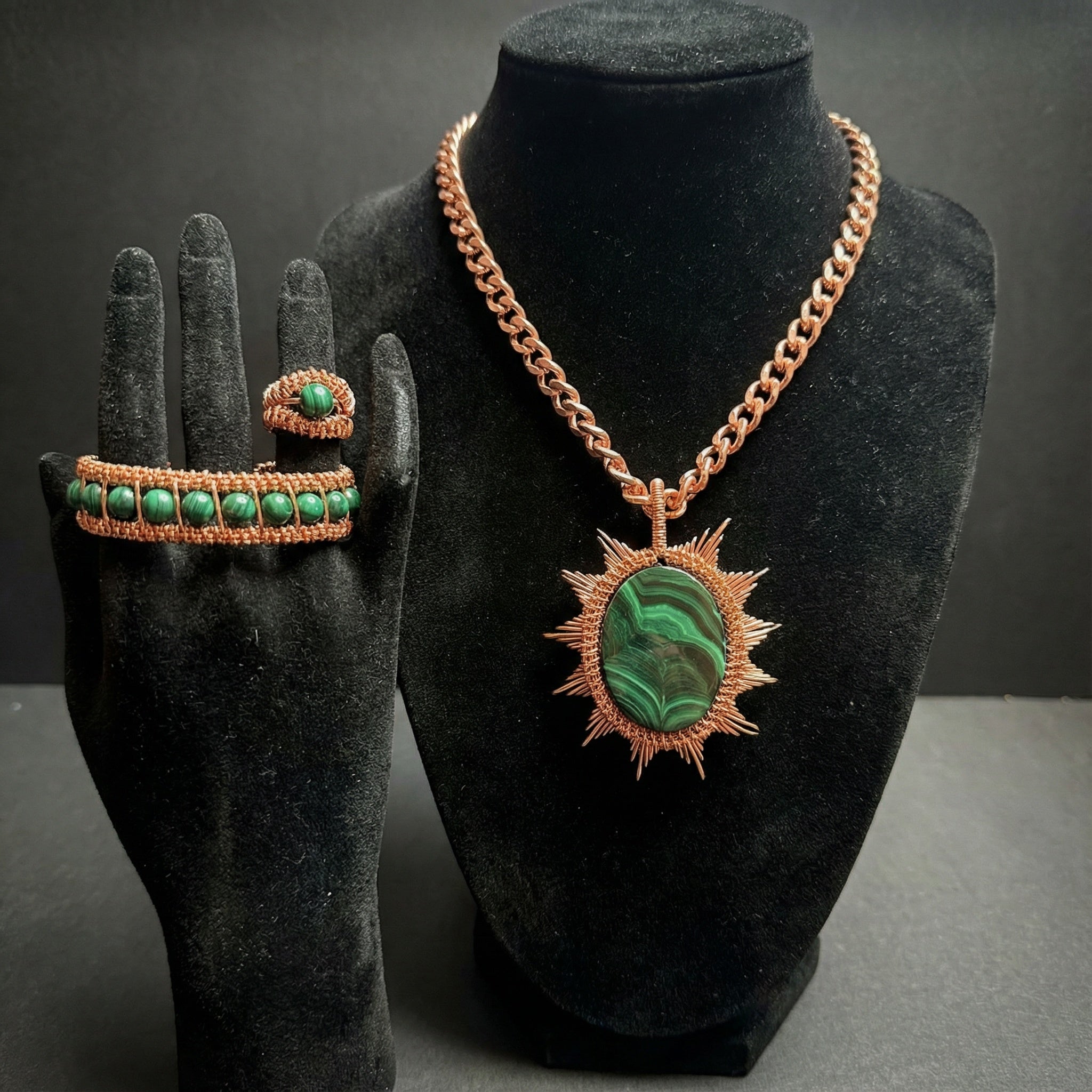 Copper wire wrapped Malachite necklace bracelet, and ring set