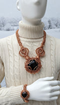 Black Obsidian Copper Wire Wrapped Protection Amulet And Bracelet Set