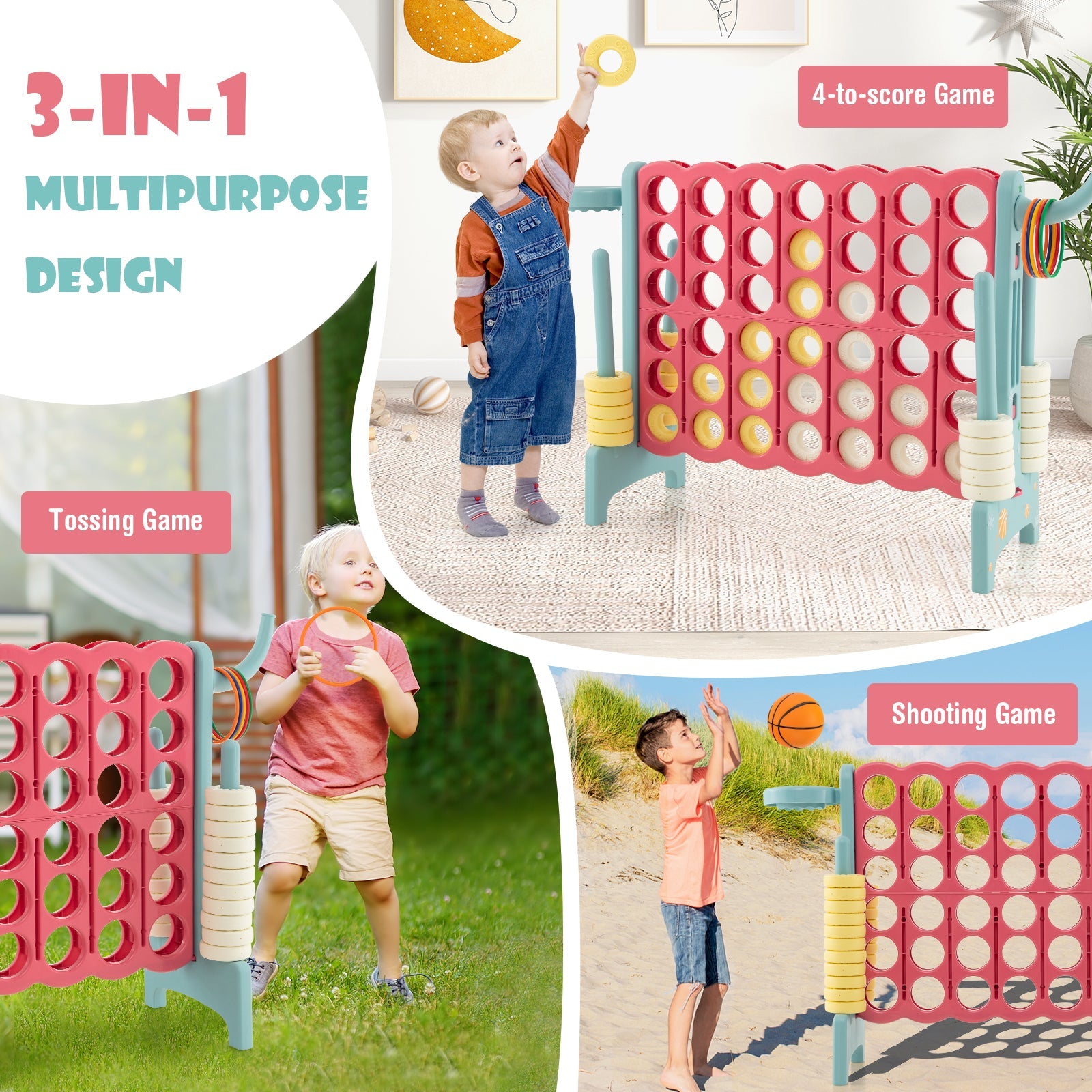 4-in-a-Row Connect Game with Basketball Hoop and Toss Ring-Blue