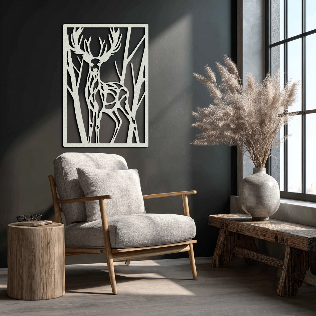 Metal Deer Wall Art - Modern Stag Metal Wall Decor - Forest Theme Metal Wall Hanging - Laser Cut Metal Artwork for Living Room, Dining Room & Office - KAF001