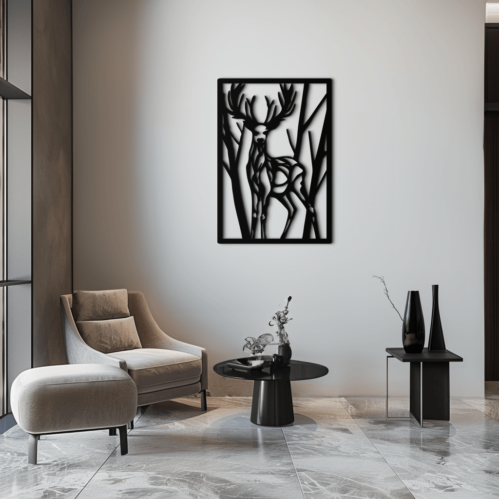 Metal Deer Wall Art - Modern Stag Metal Wall Decor - Forest Theme Metal Wall Hanging - Laser Cut Metal Artwork for Living Room, Dining Room & Office - KAF001