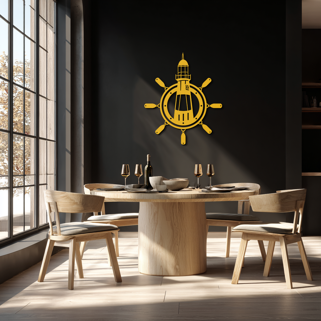 Lighthouse and Ship Wheel Metal Wall Art - Nautical Steel Wall Decor - KAF028