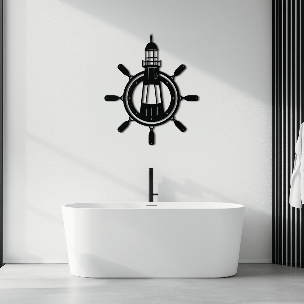 Lighthouse and Ship Wheel Metal Wall Art - Nautical Steel Wall Decor - KAF028