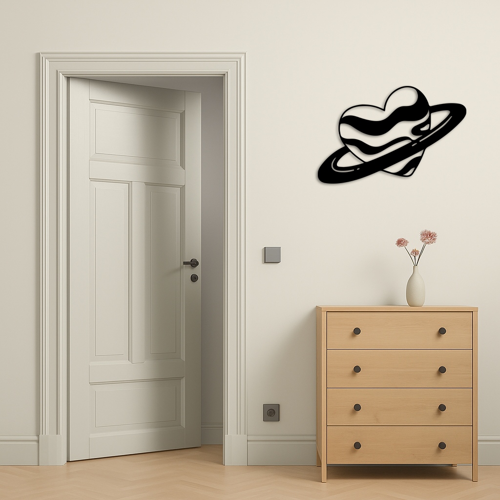 Planet Heart Silhouette Metal Wall Art – Cosmic Love Design - KAFGP043